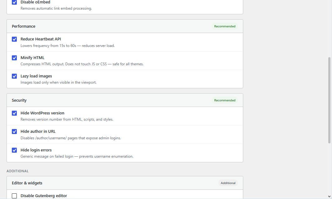 Clearfy Safe - free WordPress optimization plugin